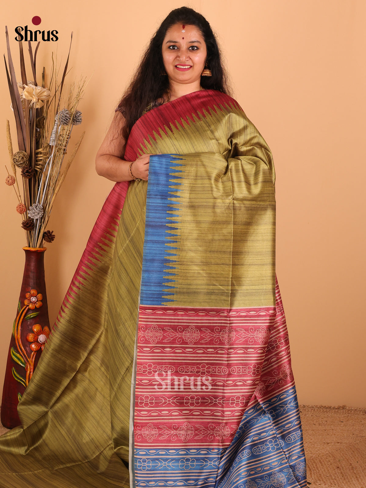 Green & Blue/Brown - Champa Semi Tussar Saree - DCS11235 - Shop on Shrus.com