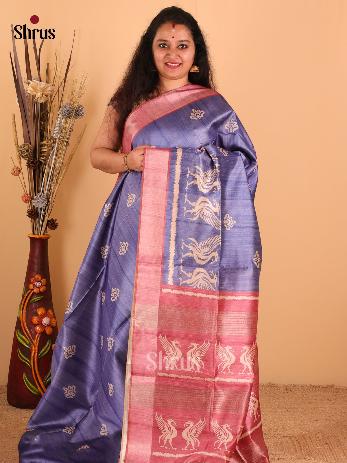 Dark blue & Dark onion  Pink - Champa Semi Tussar Saree - DCS11239 - Shop on Shrus.com