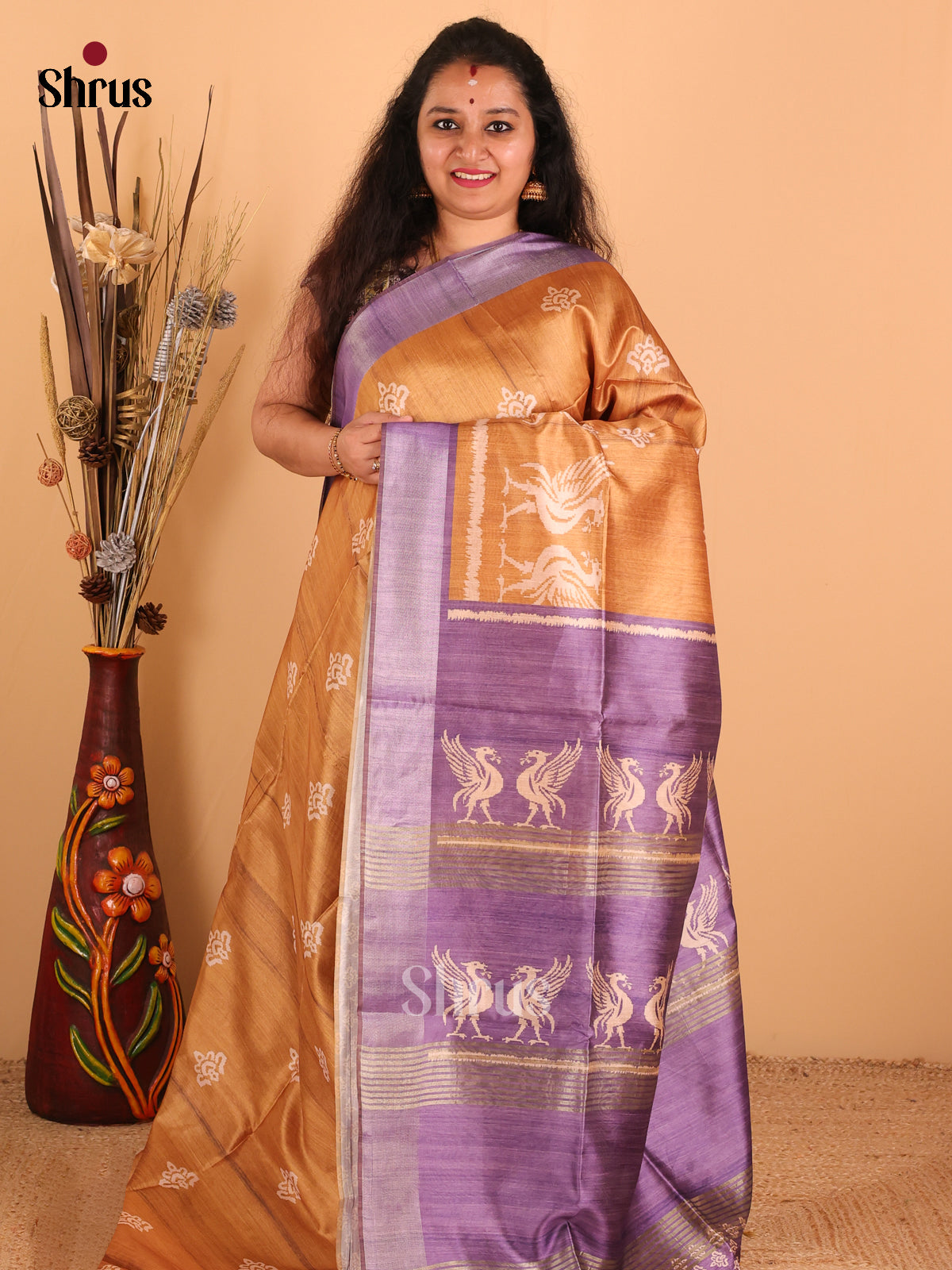 Mustard & purple - Champa Semi Tussar Saree - DCS11240 - Shop on Shrus.com