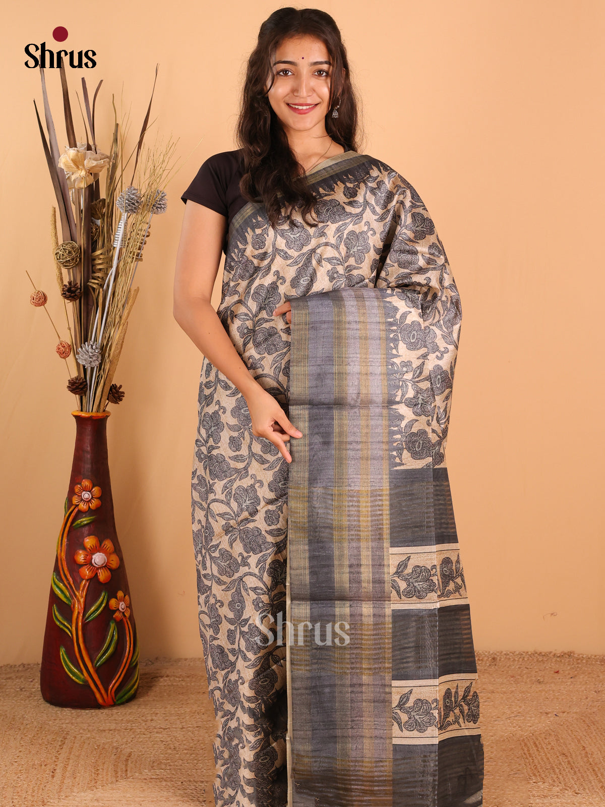 Sandal & Grey - Champa Semitussa Saree - DCS11244 - Shop on Shrus.com