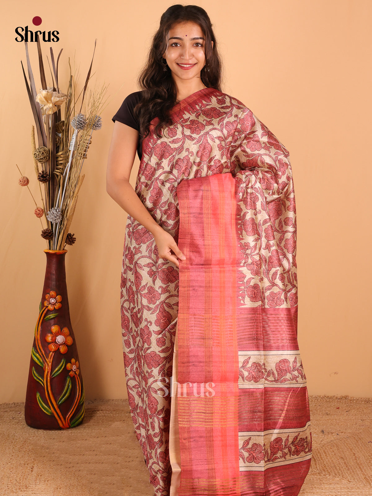 Sandal & Maroon - Champa Semitussa Saree - DCS11245 - Shop on Shrus.com