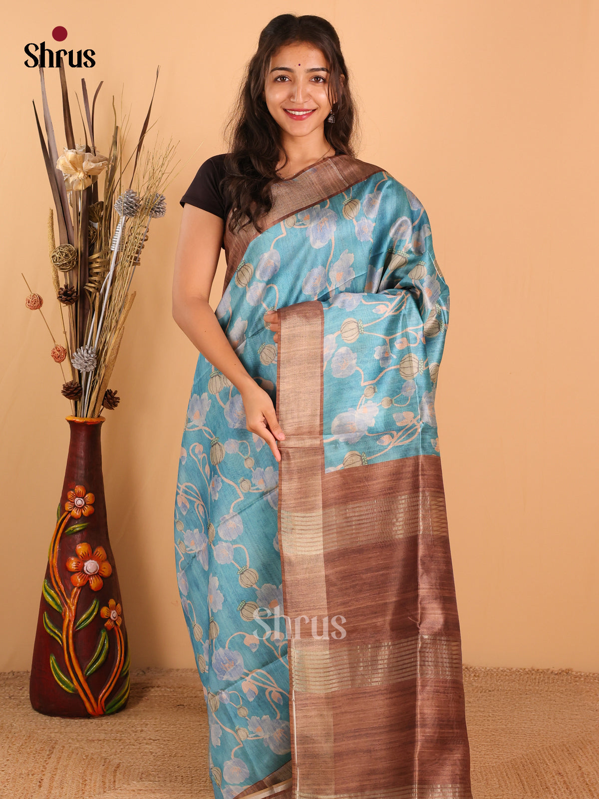 Teal Blue & Coffee Brown - Champa Semitussa Saree - DCS11249 - Shop on Shrus.com