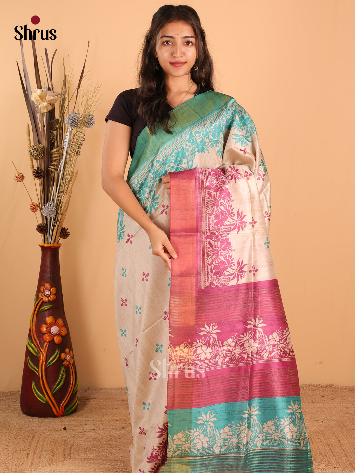 Cream / Purple & Blue - Champa Semitussar Saree - DCS11257 - Shop on Shrus.com