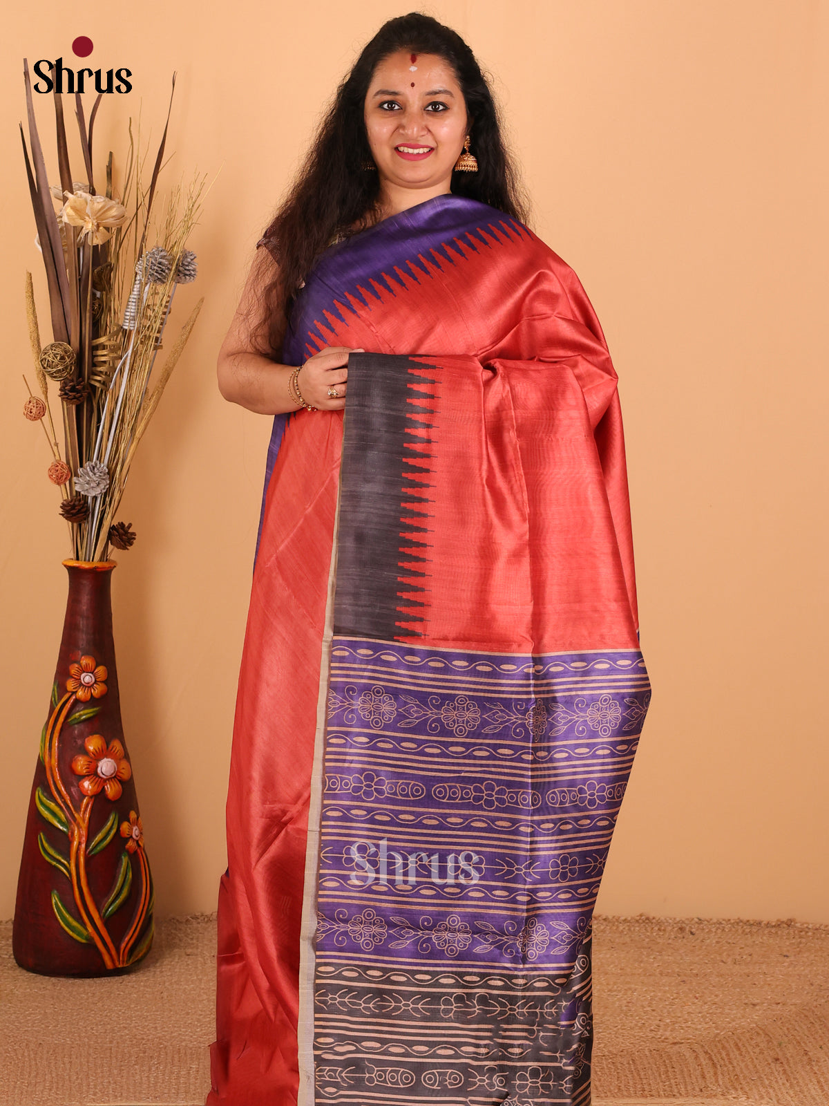 Orange / Purple with elephant grey - Champa Semi Tussar Saree - DCS11261 - Shop on Shrus.com