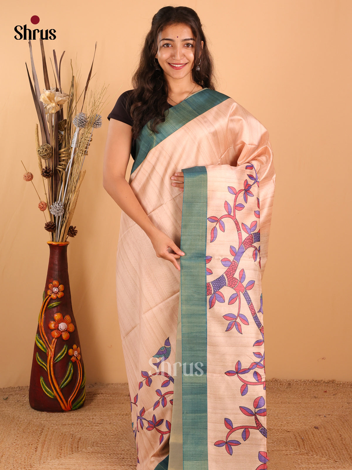Sandal & Peacock blue - Champa Semitussa Saree - DCS11263 - Shop on Shrus.com