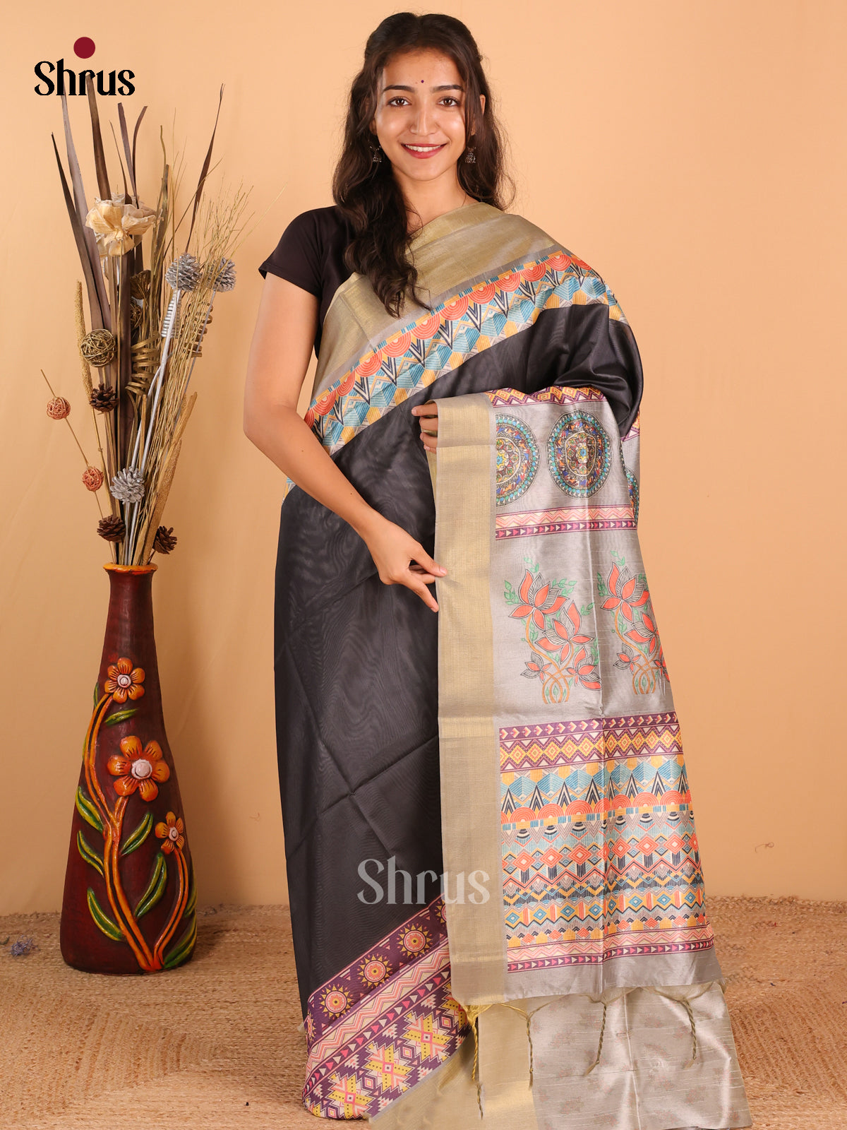 Dark olive Green & Grey - Champa Semitussar Saree - DCS11265 - Shop on Shrus.com