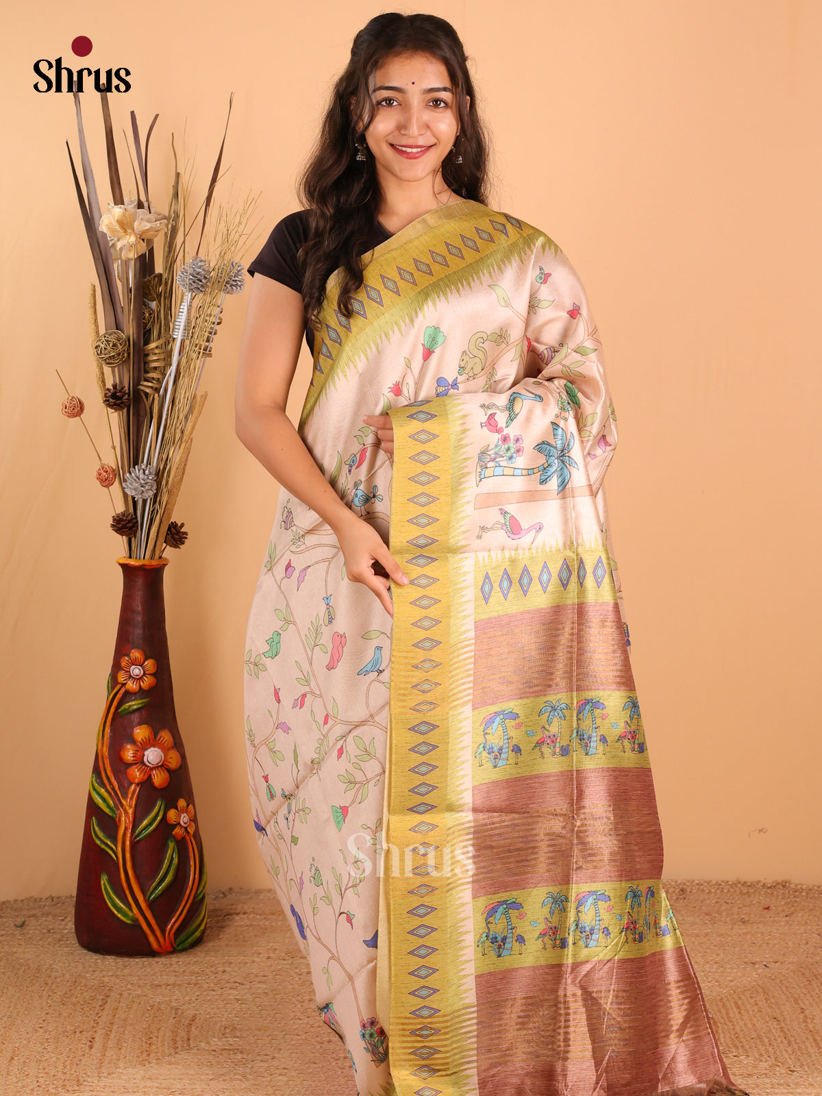 Cream & Parrot Green - Champa Semitussar Saree - DCS11268 - Shop on Shrus.com