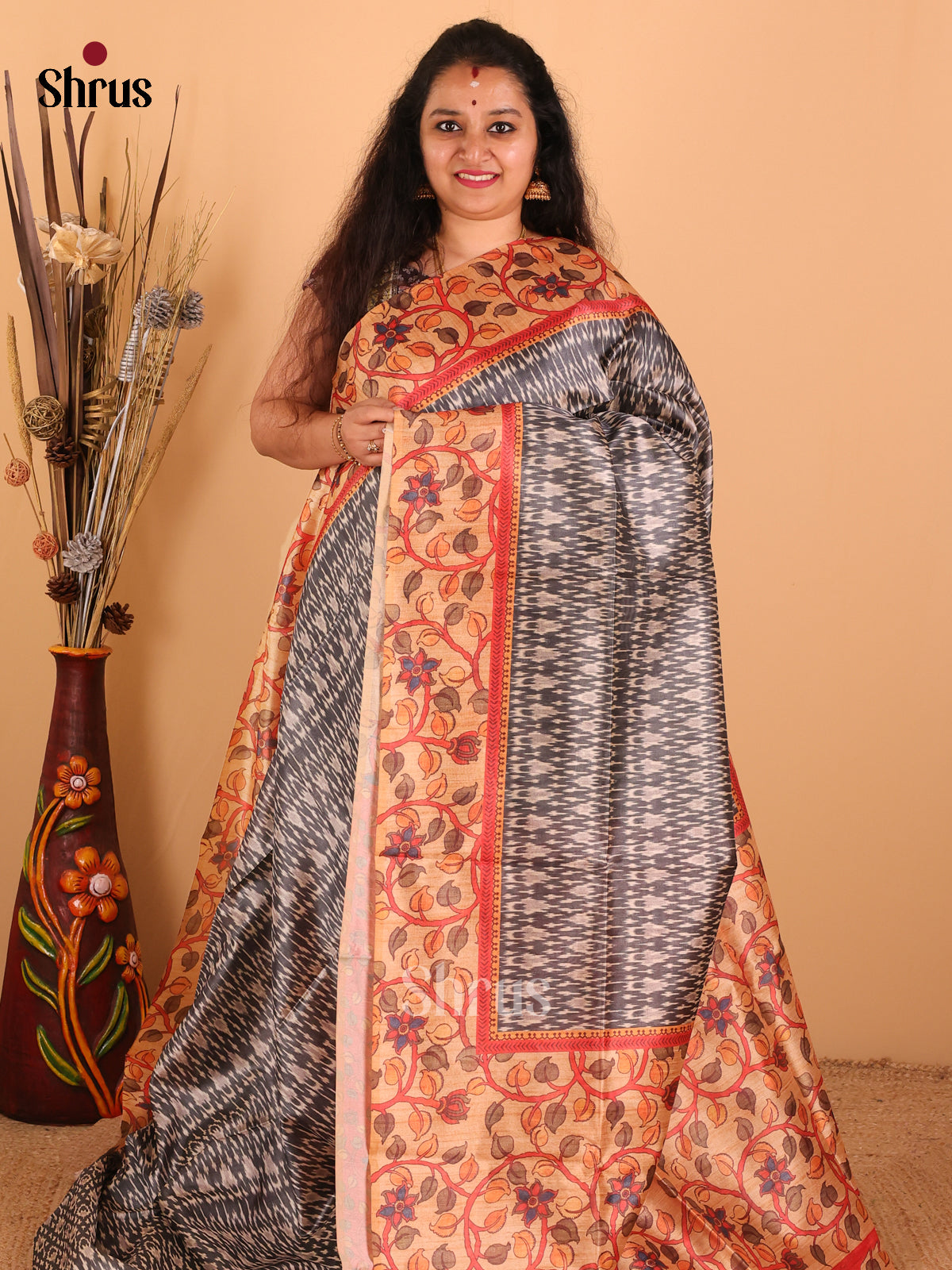 Grey & Sandal - Champa Semi Tussar Saree - DCS11273 - Shop on Shrus.com