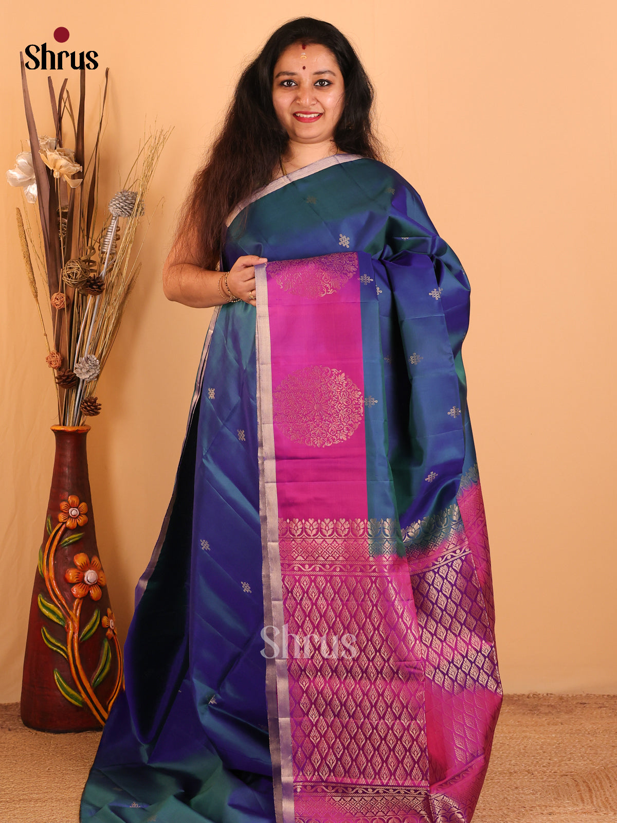Splendid Peacock Blue & Magenta Soft Silk with Kolam Buttas & Mandala