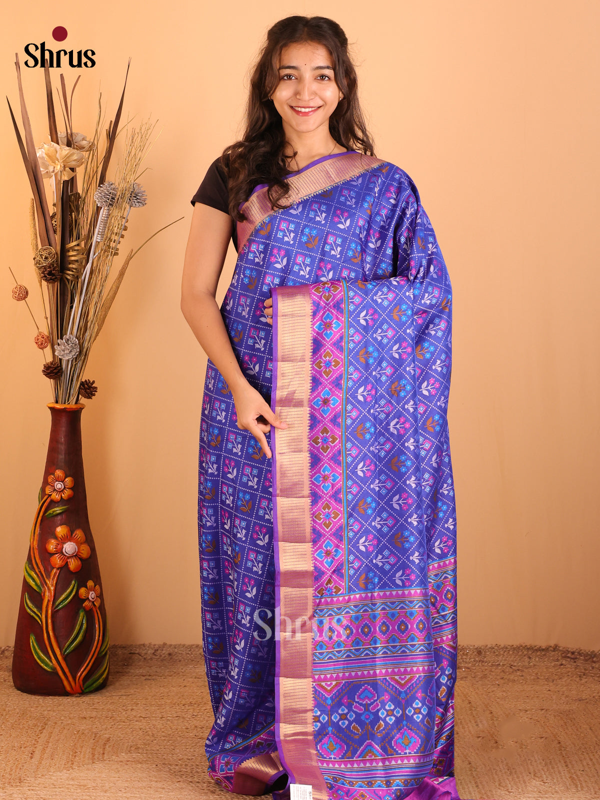 Blue & Purple - Semi Patola  Saree - Shop on Shrus.com