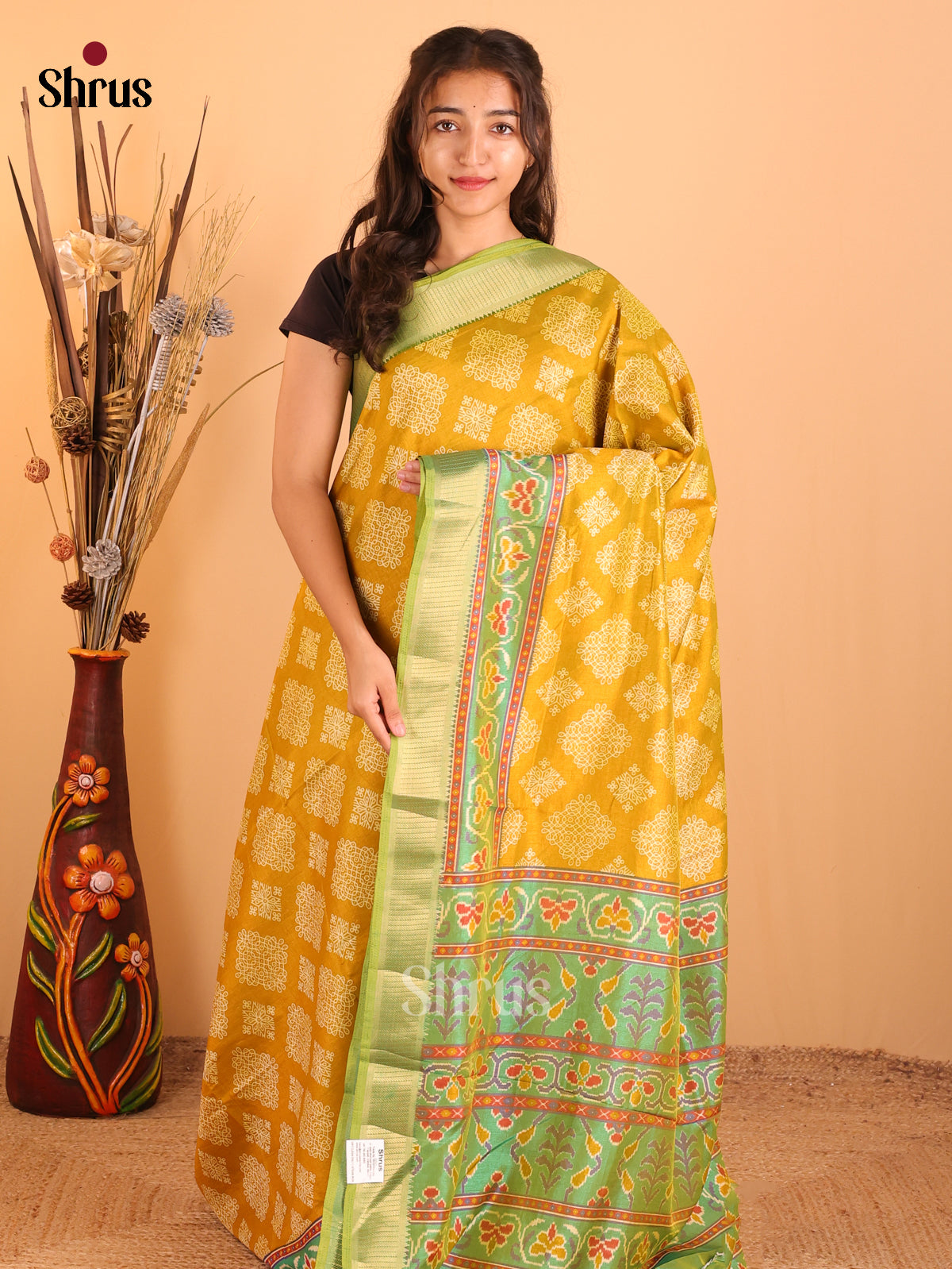 Mustard & Green - Semi Patola  Saree - Shop on Shrus.com