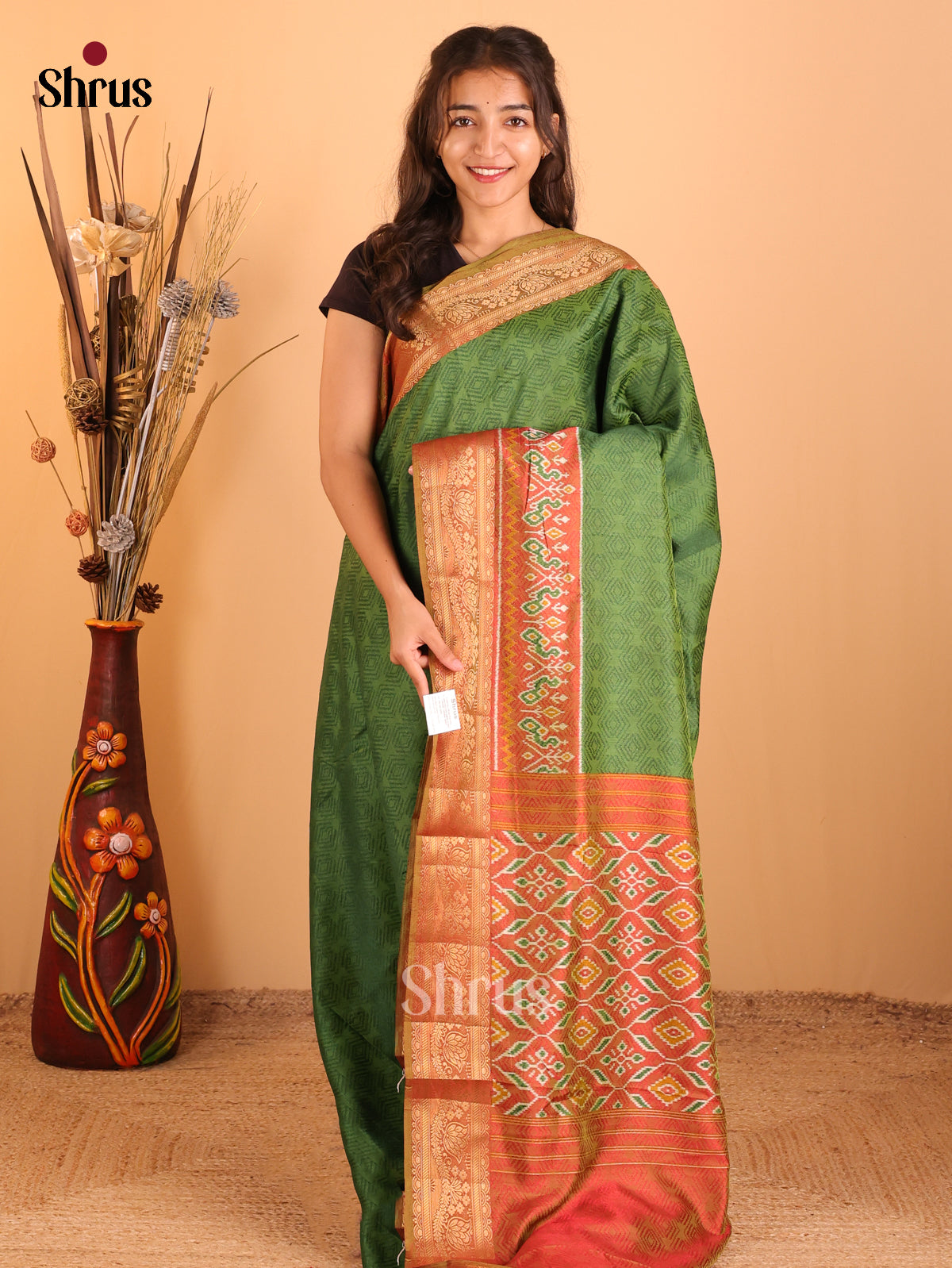 Green & Brick- Semi Patola  Saree - Shop on Shrus.com