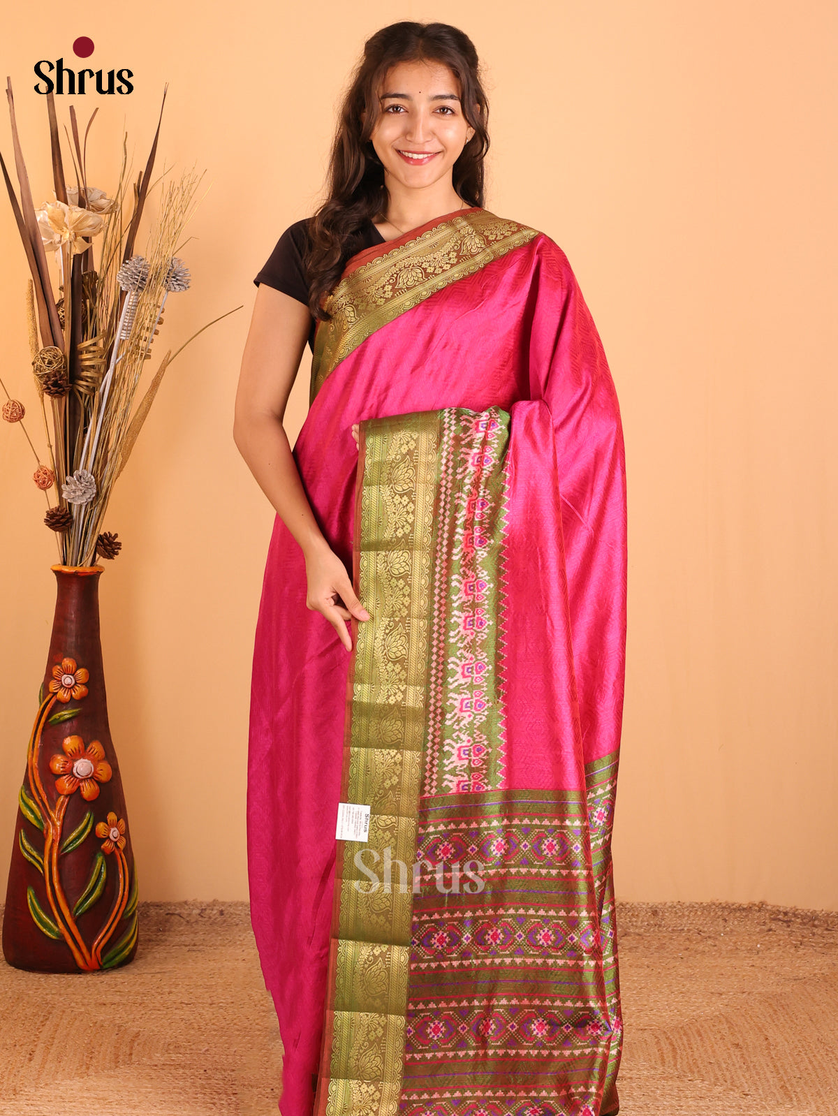 Pink & Green- Semi Patola  Saree - Shop on Shrus.com