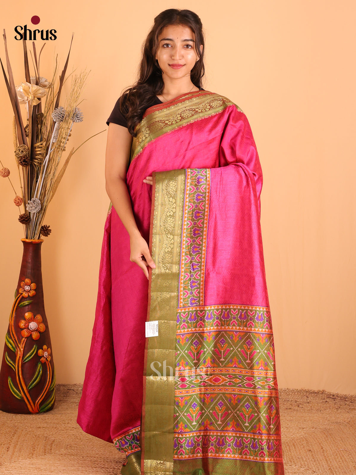 Pink & Green - Semi Patola  Saree - Shop on Shrus.com