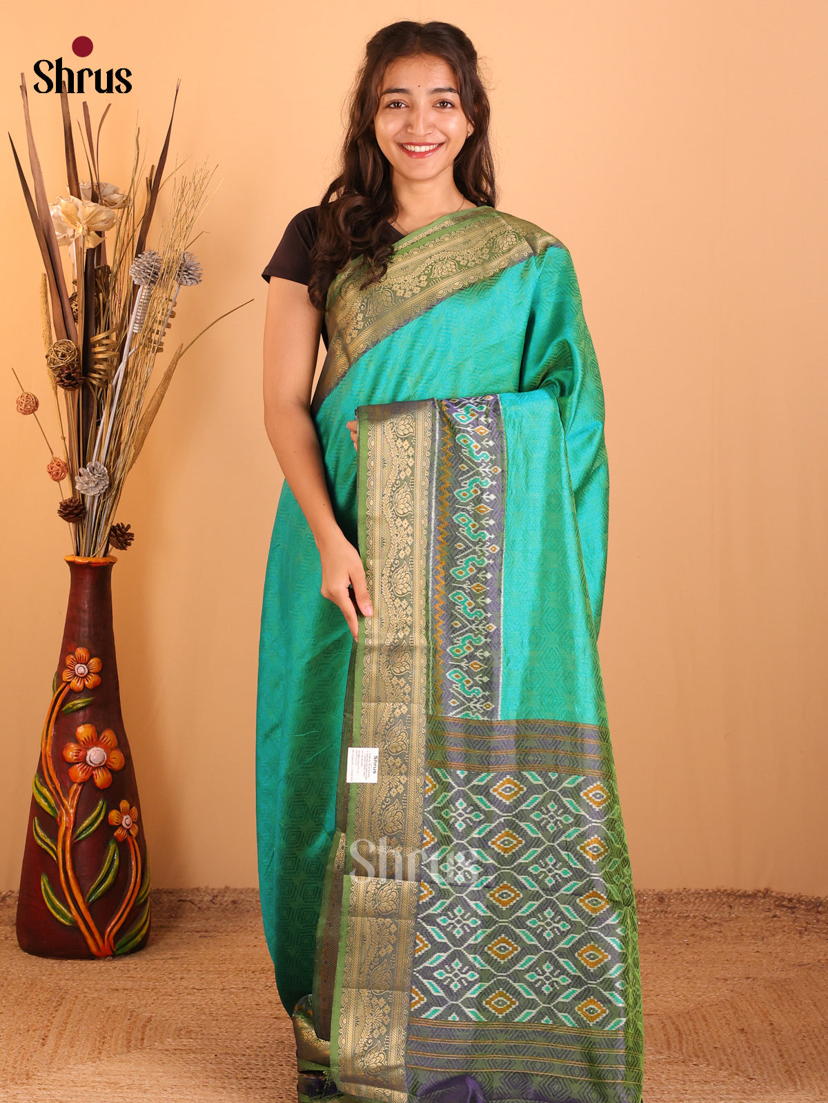 Teal Green & navy blue - Semi Patola Saree - DCS18062 - Shop on Shrus.com