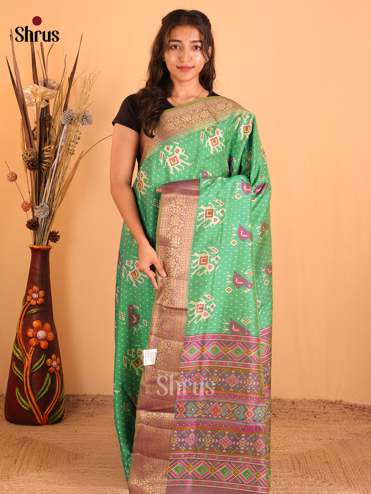 Mehandi Greem & Violet - Semi Patola Saree - DCS18111 - Shop on Shrus.com