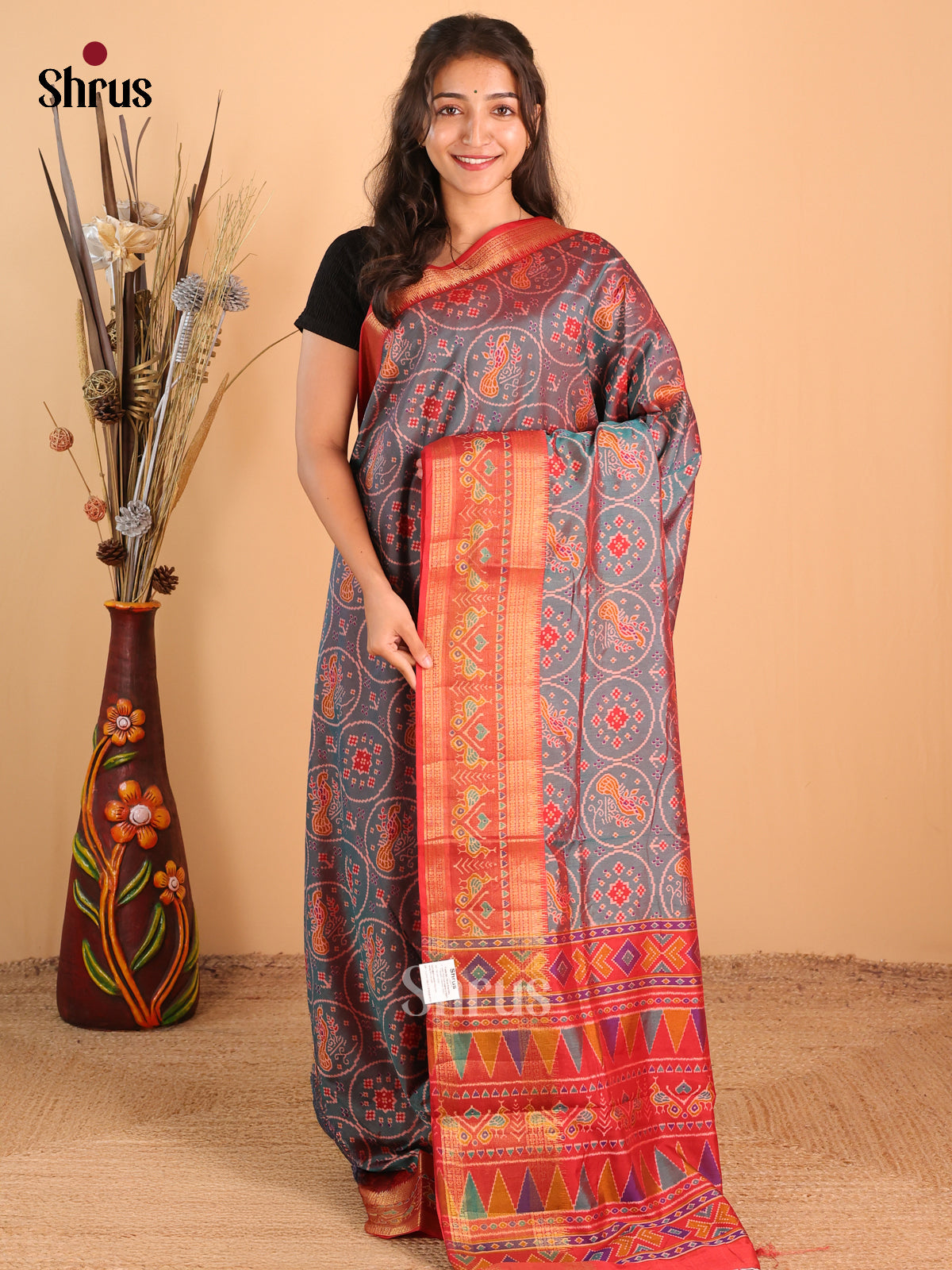 Double Shaded Blue & Red- Semi Patola Saree - Shop on Shrus.com