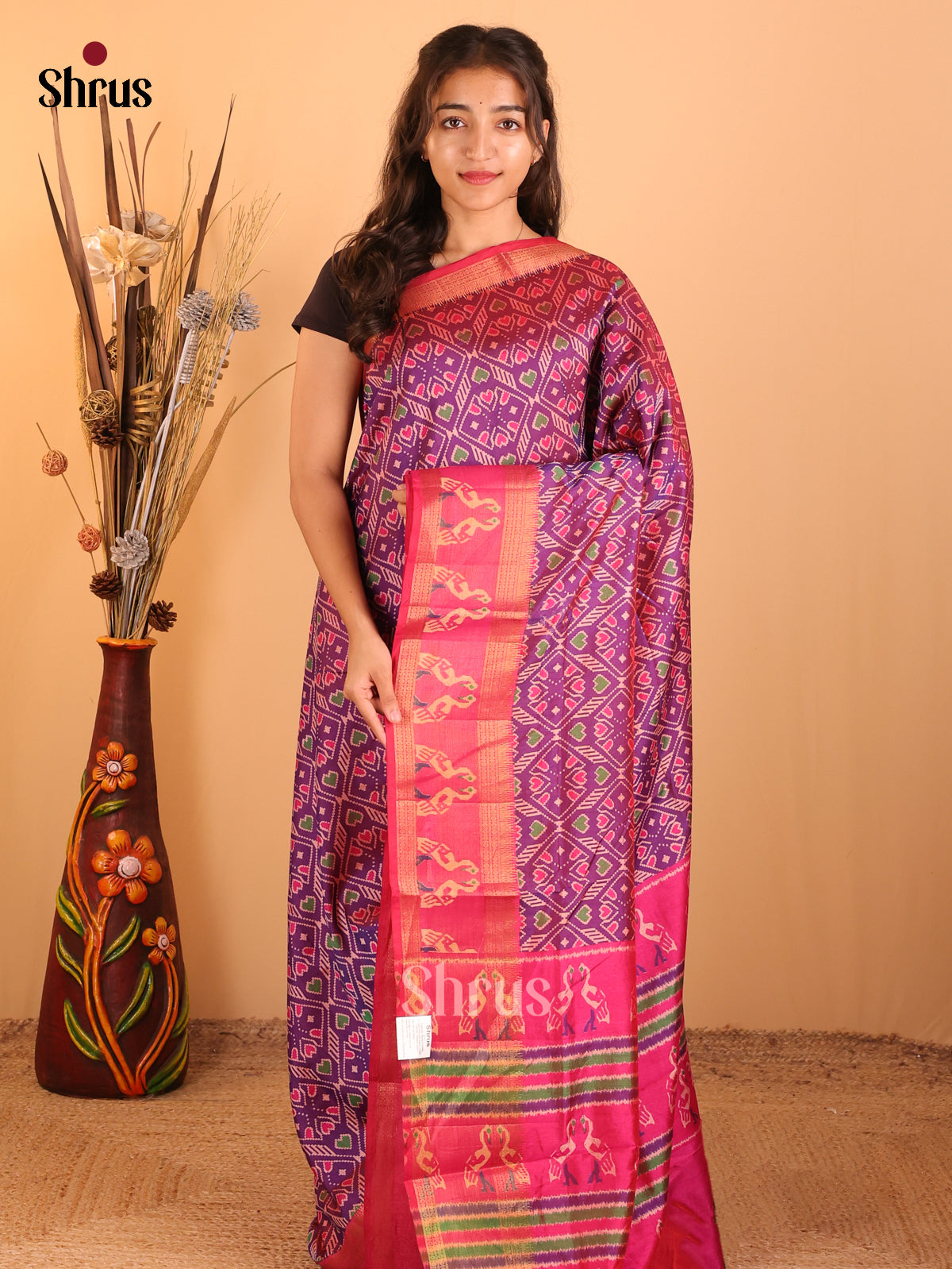 Purple &  Pink - Semi Patola  Saree - Shop on Shrus.com