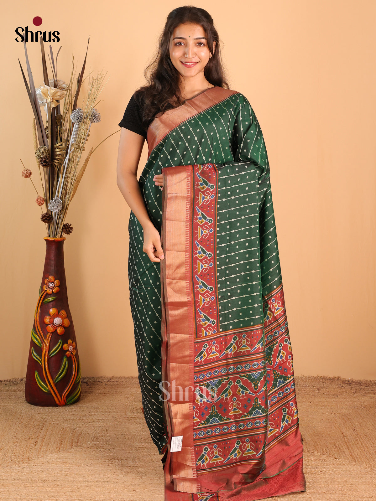 Green & Brown- Semi Patola Saree - Shop on Shrus.com