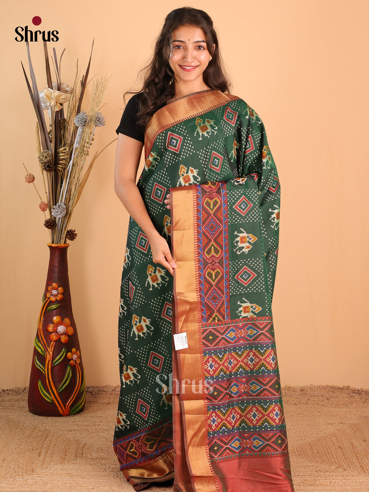 Green & Brown - Semi Patola Saree - Shop on Shrus.com