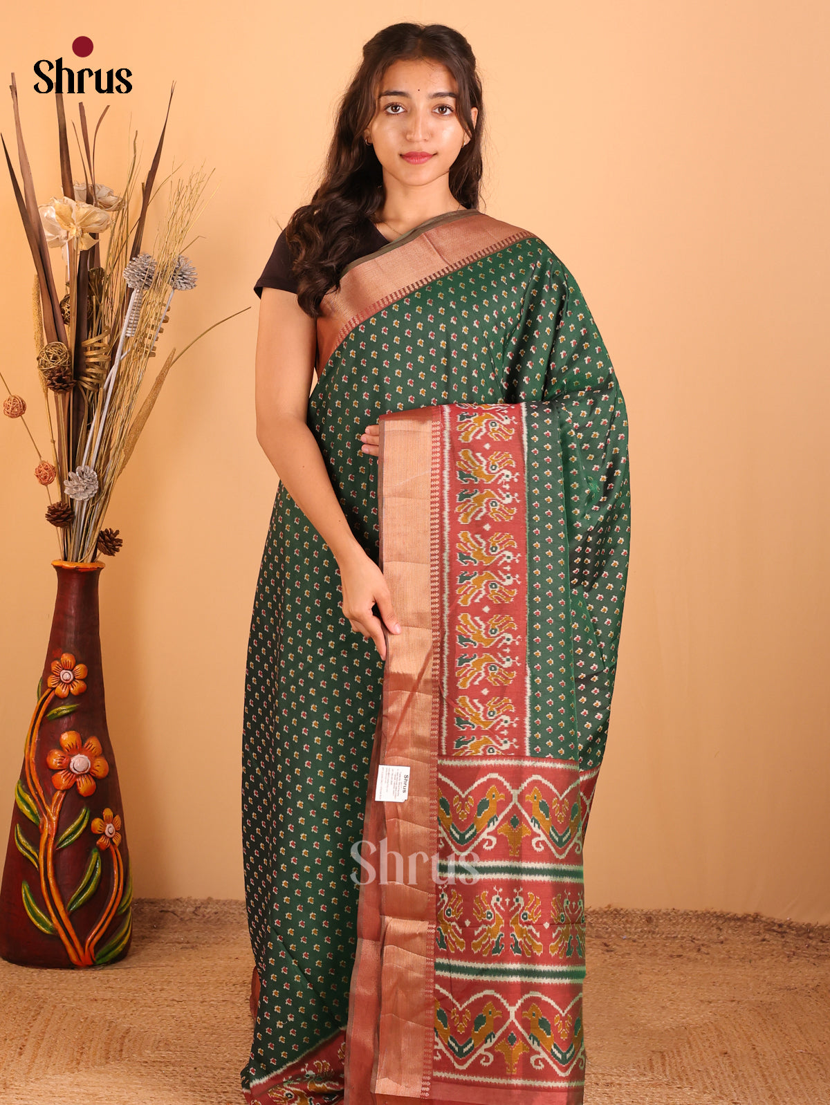 Green & Brown - Semi Patola  Saree - Shop on Shrus.com