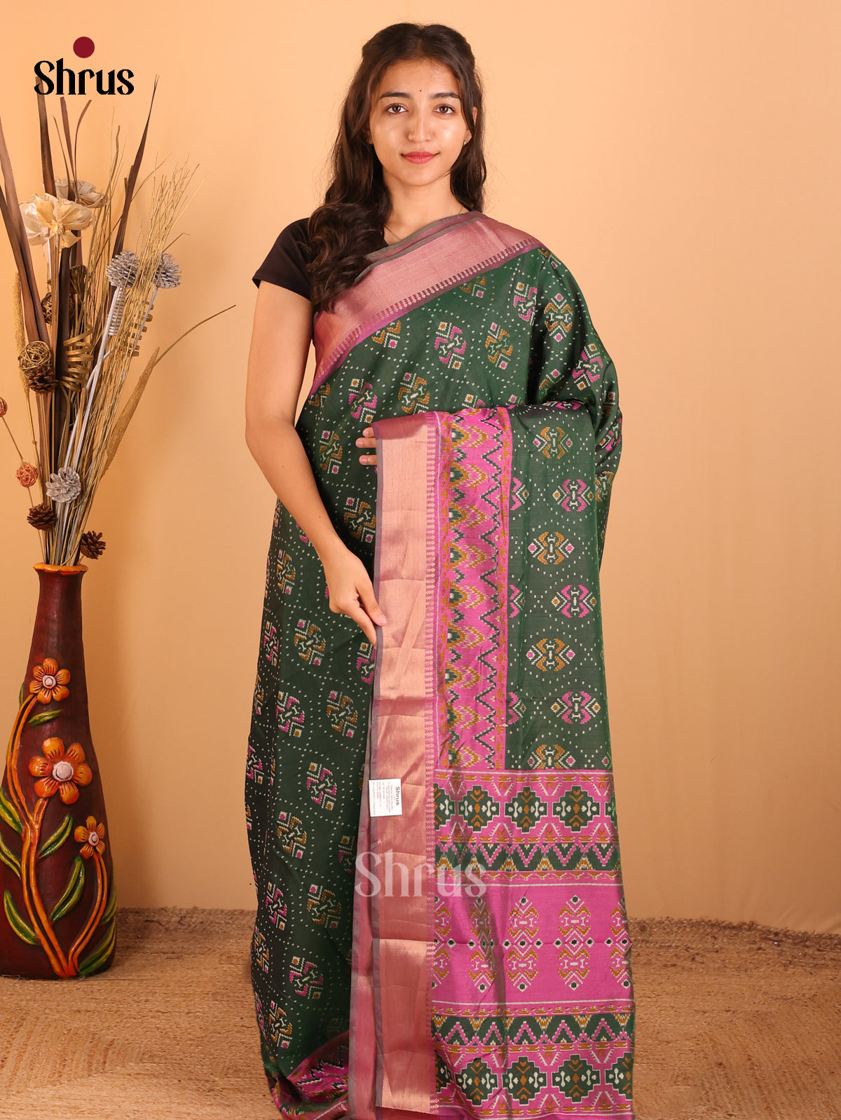 Green & Pink - Semi Patola  Saree - Shop on Shrus.com