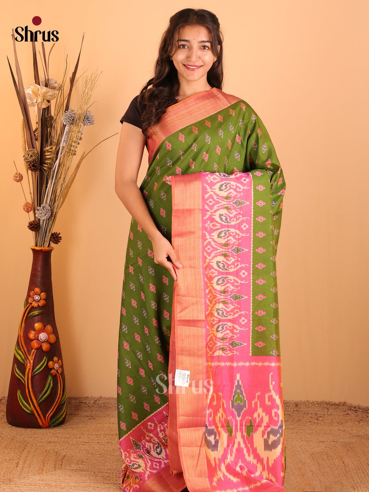 Green & Pink - Semi Patola  Saree - Shop on Shrus.com