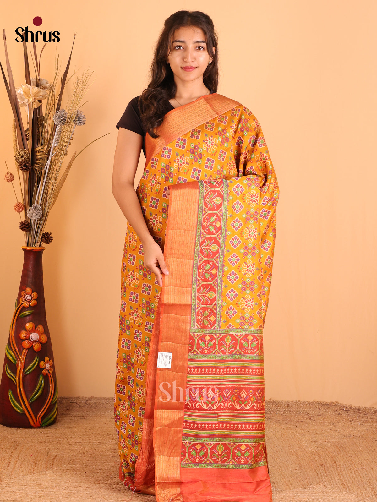Mustard & Orange- Semi Patola  Saree - Shop on Shrus.com