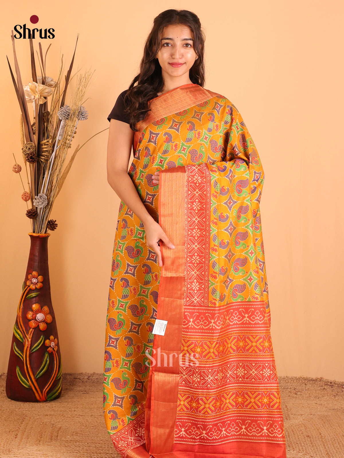 Mustard & Orange - Semi Patola  Saree - Shop on Shrus.com