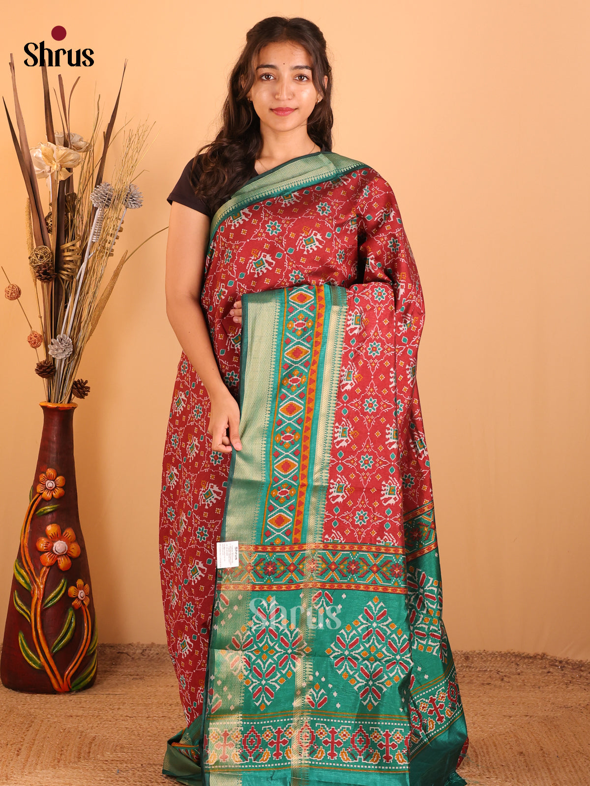Maroon & Green - Semi Patola  Saree - Shop on Shrus.com