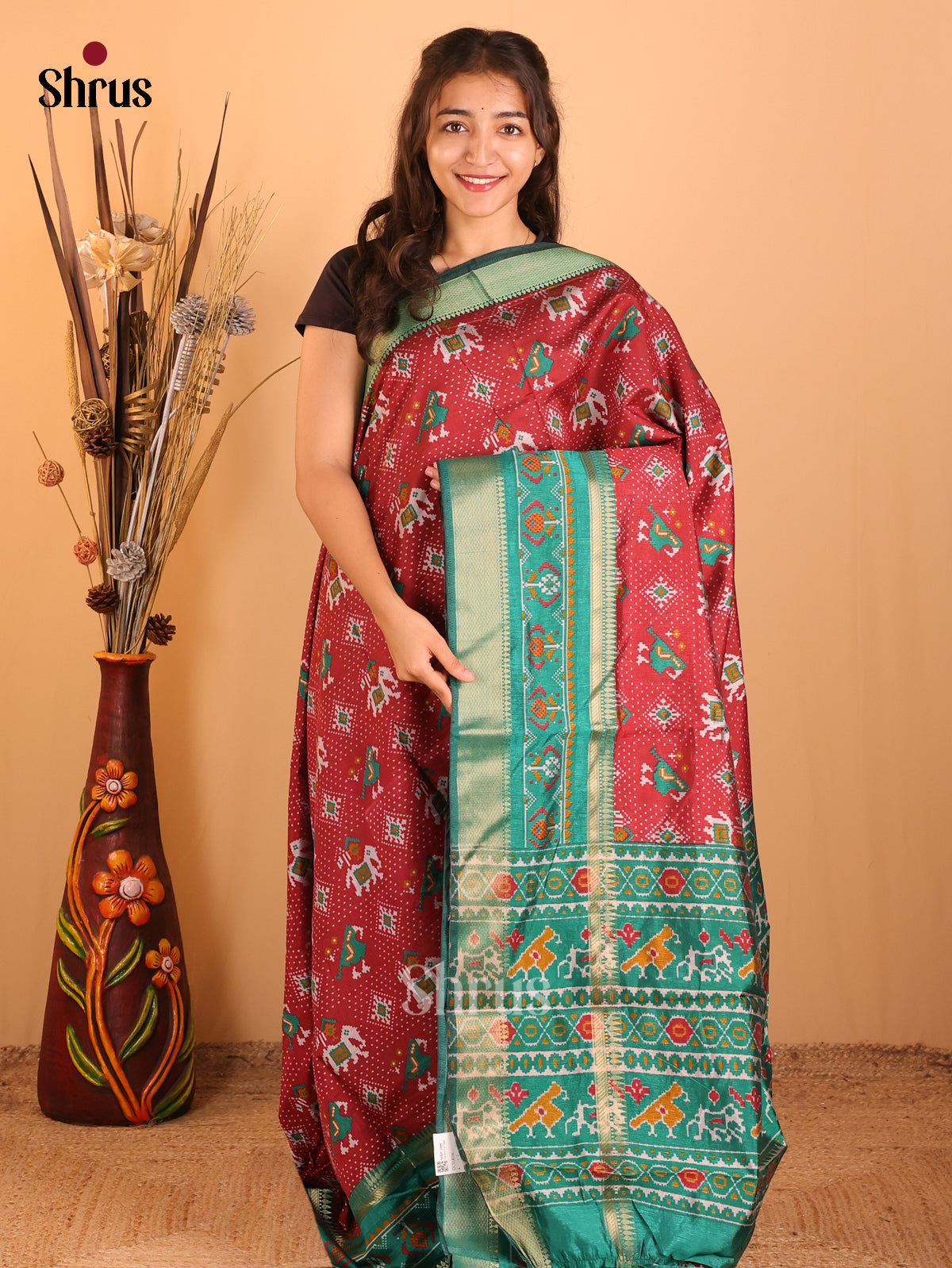 Maroon & Green - Semi Patola  Saree - Shop on Shrus.com