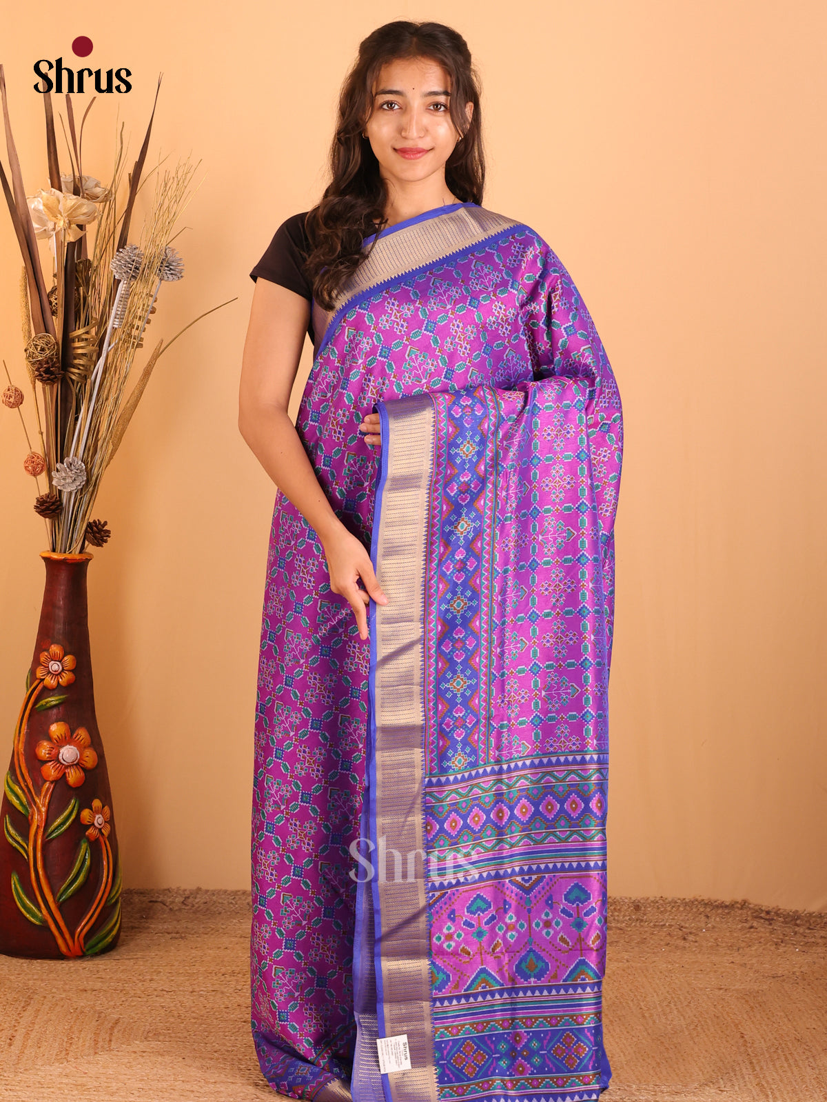 Purple & Blue - Semi Patola  Saree - Shop on Shrus.com