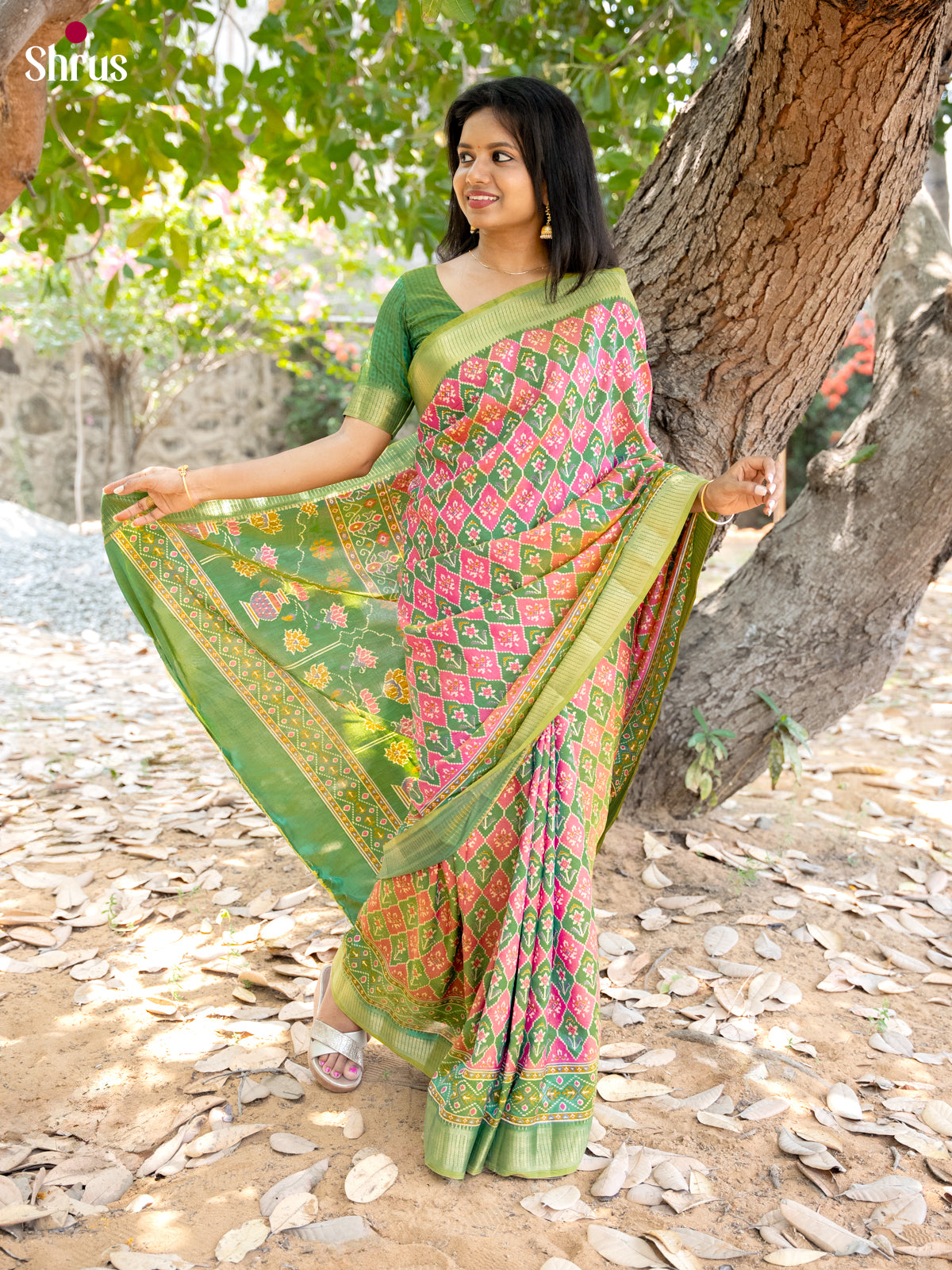 Pink & Green - Semi Patola  Saree - Shop on Shrus.com