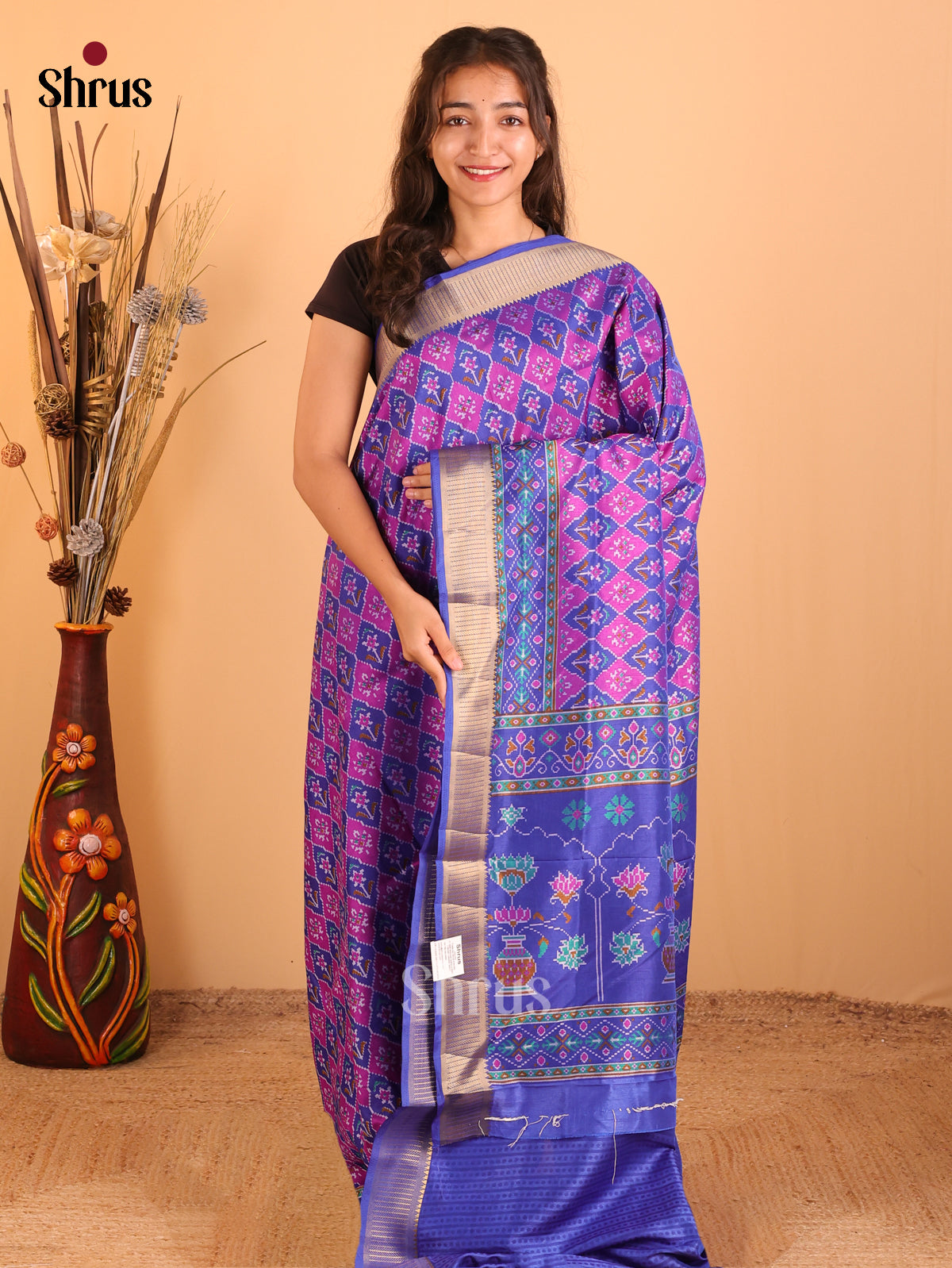 Blue & Pink - Semi Patola  Saree - Shop on Shrus.com