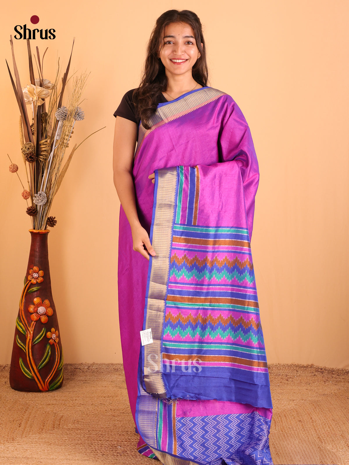 Pink & Blue - Semi Patola  Saree - Shop on Shrus.com