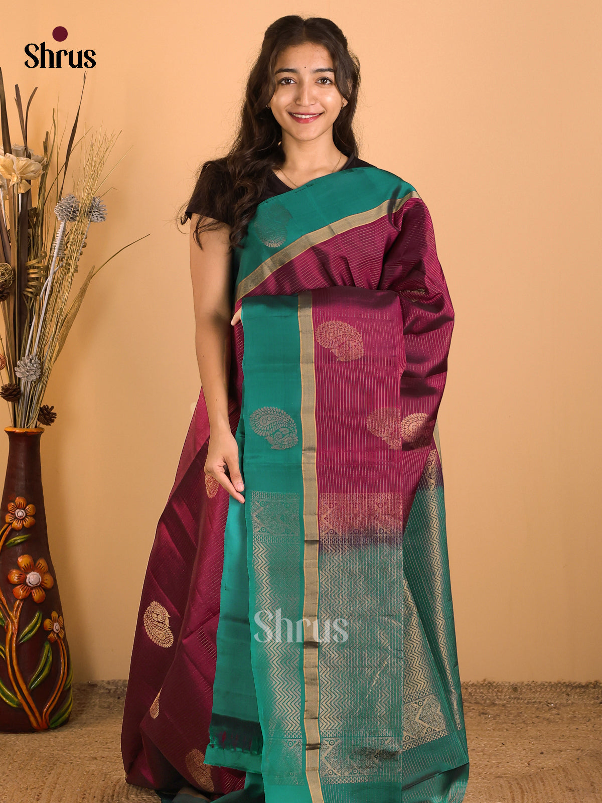 Maroon & Green - Softsilk-halfpure  Saree - Shop on Shrus.com