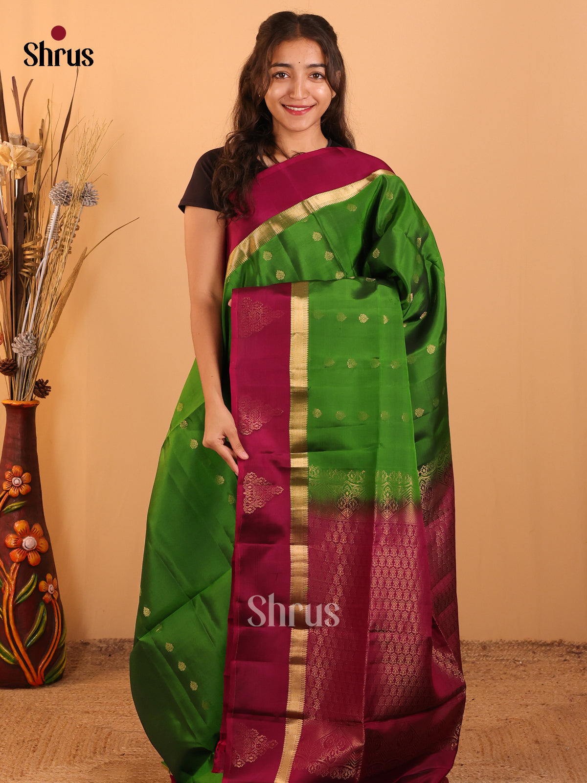 Green & maroon - Softsilk-halfpure  Saree - Shop on Shrus.com