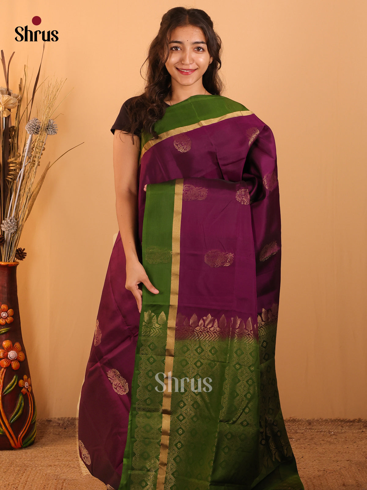 Violet & Green - Softsilk-halfpure  Saree - Shop on Shrus.com