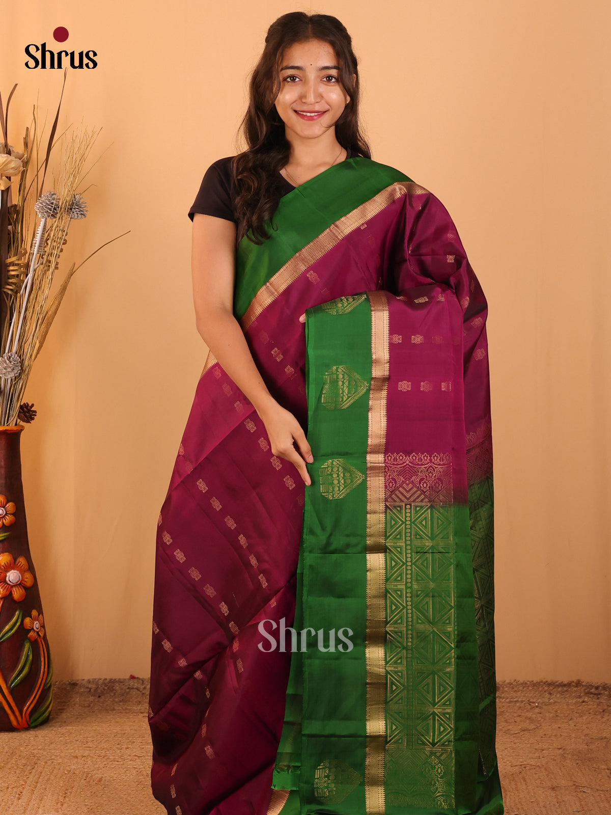 Wine & Green - Softsilk-halfpure  Saree - Shop on Shrus.com
