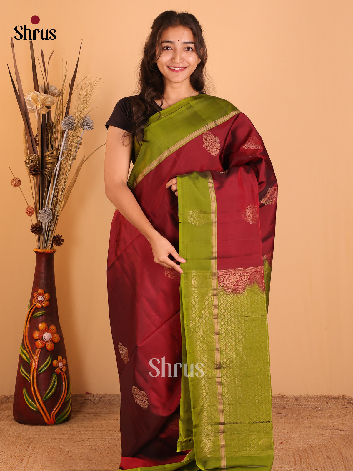 Maroon & Green - Softsilk-halfpure  Saree - Shop on Shrus.com