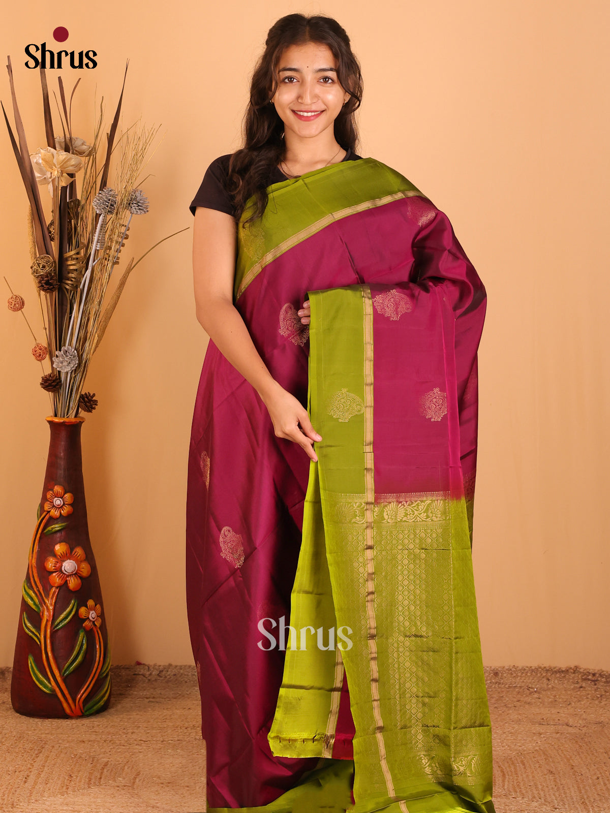 Maroon & Green- Softsilk-halfpure  Saree - Shop on Shrus.com