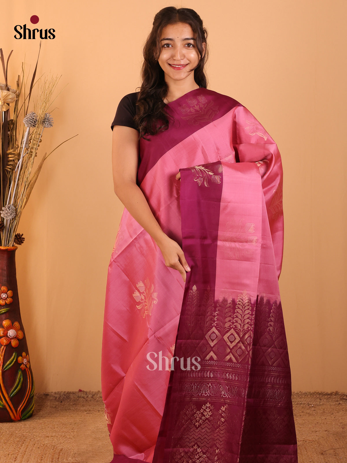 Lotus Pink & Maroon- Softsilk-halfpure  Saree - Shop on Shrus.com