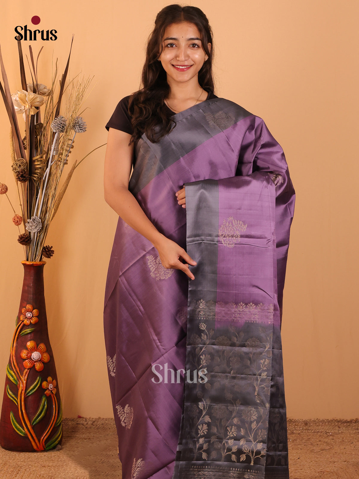 Lavender & Grey - Softsilk-halfpure  Saree - Shop on Shrus.com