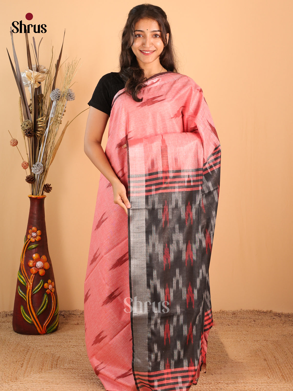 Pink & Grey- Semi Ikkat Saree - Shop on Shrus.com