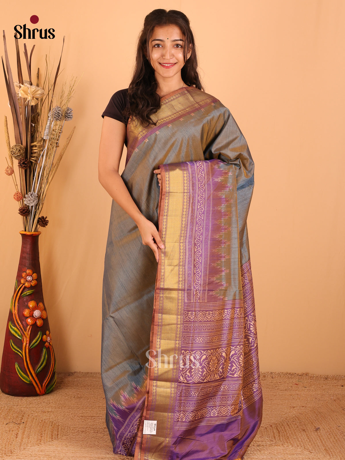 Grey & Purple - Semi Patola Saree - DCS22007 - Shop on Shrus.com
