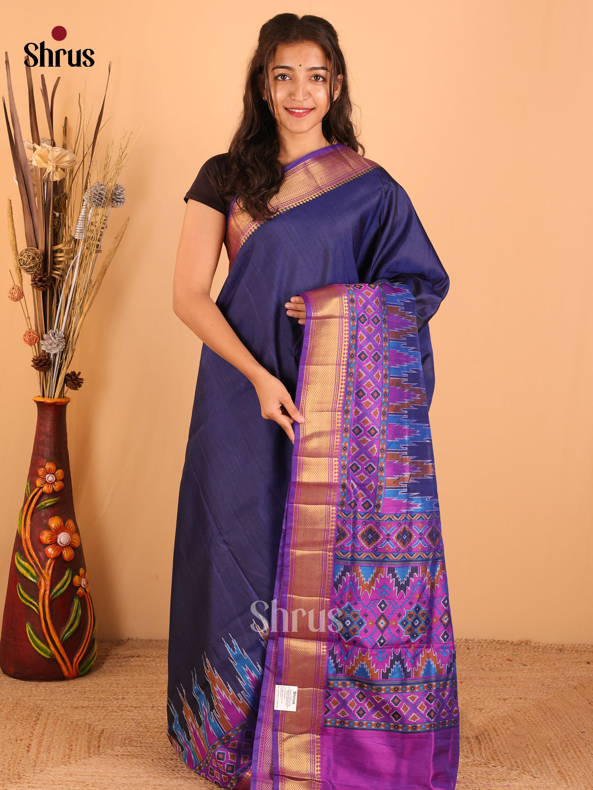 Navy Blue & Purple - Semi Patola Saree - DCS22011 - Shop on Shrus.com