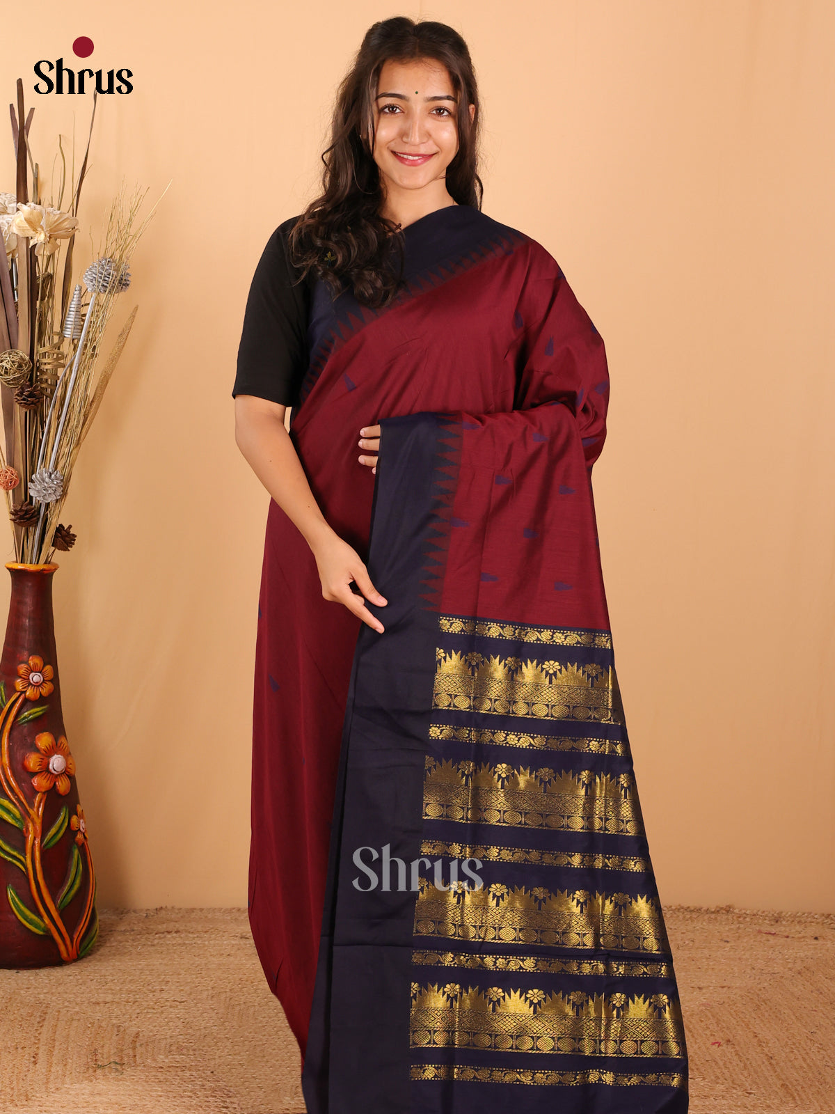 Maroon & Navy Blue   Kalyani Cotton Saree - DCS27015 - Shop on Shrus.com