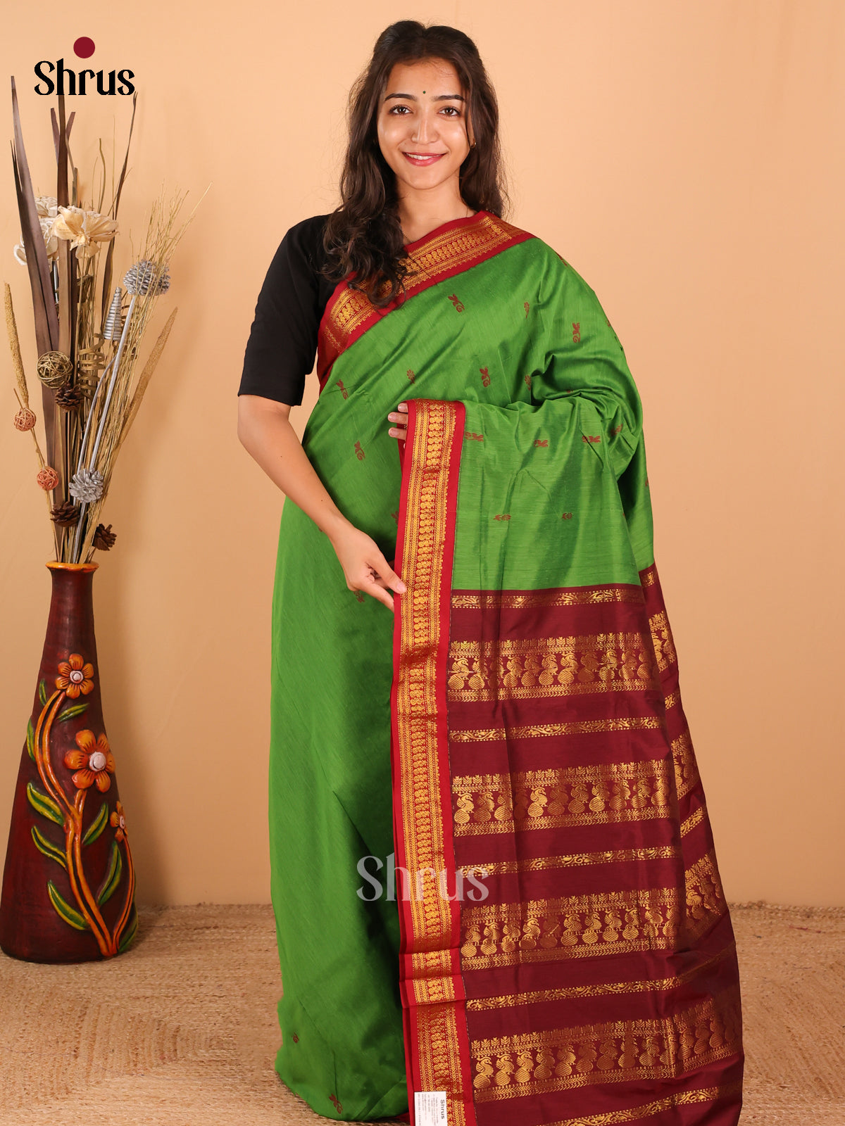 parrot green & Maroon   Kalyani Cotton Saree - DCS27026 - Shop on Shrus.com