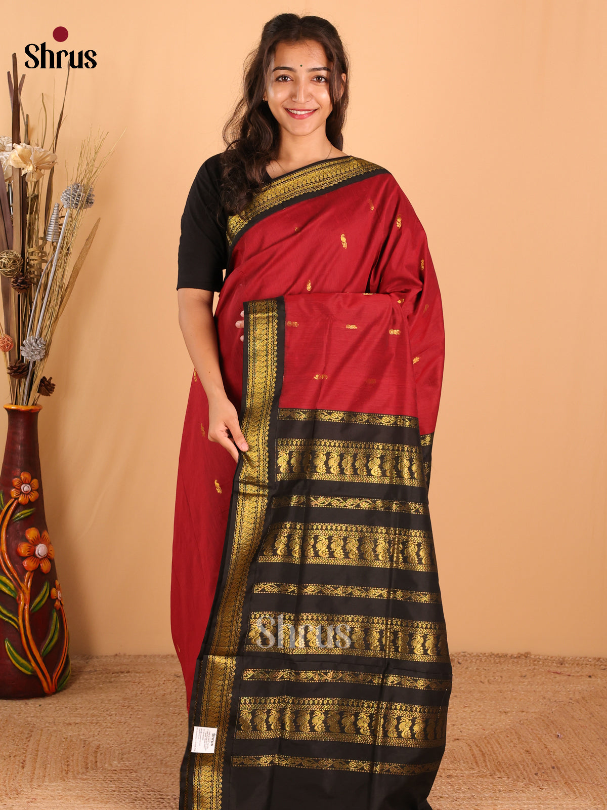 Maroon & Black   Kalyani Cotton Saree - DCS27030 - Shop on Shrus.com