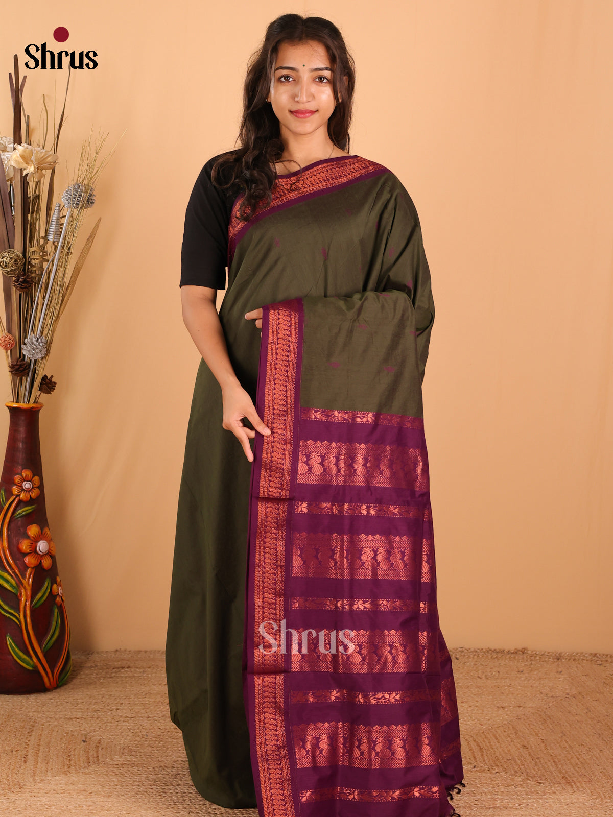 Pretty Dark Green Kalyani Cotton Saree, featuring Purple Border & Pallu With Copper Zari - Shop on Shrus.com